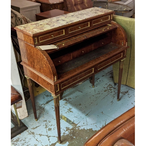 144 - CYLINDER BUREAU, late 19th/early 20th century French thuya and gilt metal mounted with d'alep marble... 