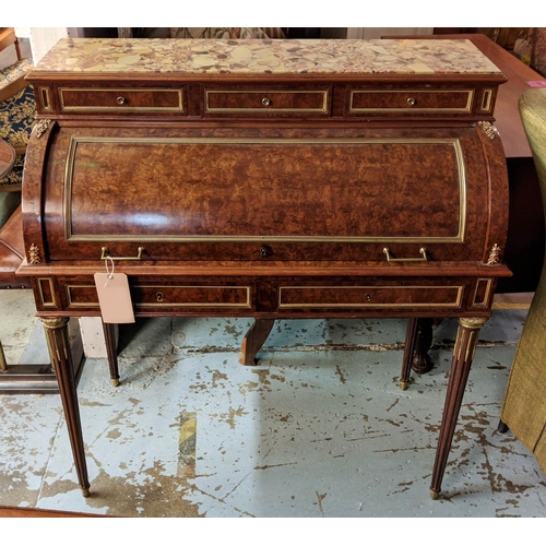 144 - CYLINDER BUREAU, late 19th/early 20th century French thuya and gilt metal mounted with d'alep marble... 