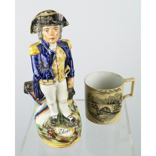 19 - STAFFORDSHIRE ADMIRAL LORD NELSON JUG, along with a transfer printed souvenir mug, depicting 'Brig O... 