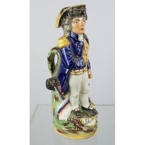 19 - STAFFORDSHIRE ADMIRAL LORD NELSON JUG, along with a transfer printed souvenir mug, depicting 'Brig O... 