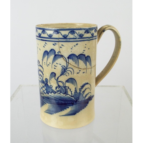 20 - TANKARD, chinoiserie blue and white pagoda decoration, 15cm H.