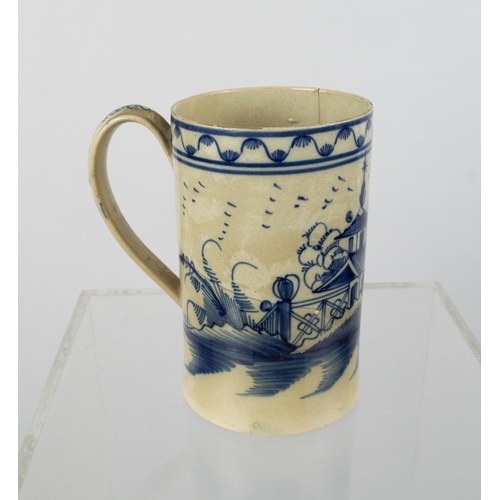 20 - TANKARD, chinoiserie blue and white pagoda decoration, 15cm H.