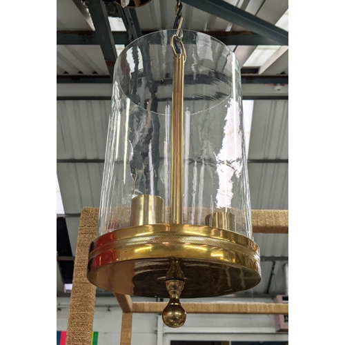 423 - CEILING LANTERN, 120cm drop approx, gilt metal and glass, three branch light fitting.