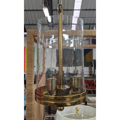 423 - CEILING LANTERN, 120cm drop approx, gilt metal and glass, three branch light fitting.