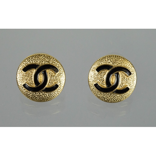 8 - CHANEL EARRINGS, three pairs including black CC logo design, gold rose and faux sapphire inset Chane... 