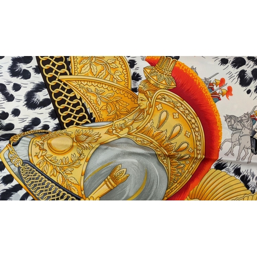 16 - VINTAGE HERMÈS 'CASQUES ET PLUMETS' SILK SCARF, designed by Julia Abadie, 90cm x 90cm, with box and ... 