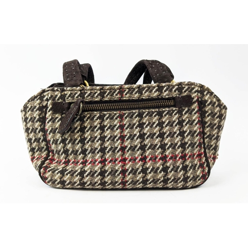 29 - PRADA BAG, wool hounds tooth body, brown suede handles, bottom base and trims with matching brown le... 