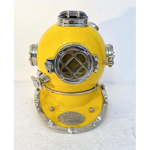 DISPLAY DIVING HELMET, decorative reproduction US Navy design, lacquered yellow finish, 46cm x 46cm x 45cm.