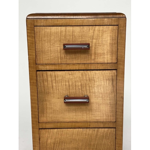 75 - ART DECO BEDSIDE CHESTS, a pair, maple and walnut each with three drawers and chrome mounted handles... 