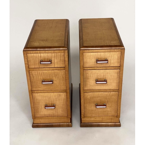 75 - ART DECO BEDSIDE CHESTS, a pair, maple and walnut each with three drawers and chrome mounted handles... 