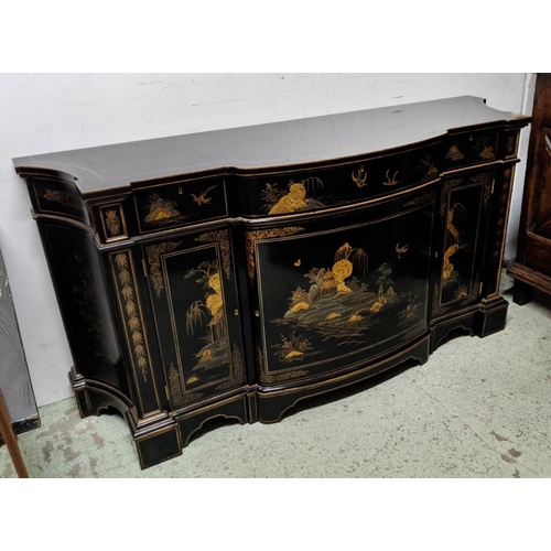 143 - CHINOISERIE BLACK LACQUERED SIDEBOARD, bowed breakfront form, with three frieze drawers and three cu... 