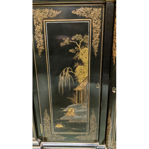 143 - CHINOISERIE BLACK LACQUERED SIDEBOARD, bowed breakfront form, with three frieze drawers and three cu... 