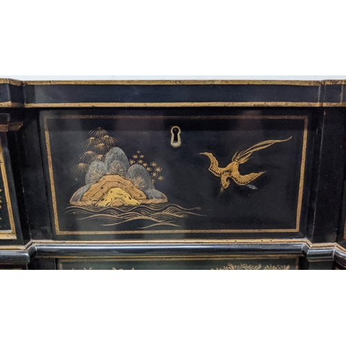 143 - CHINOISERIE BLACK LACQUERED SIDEBOARD, bowed breakfront form, with three frieze drawers and three cu... 