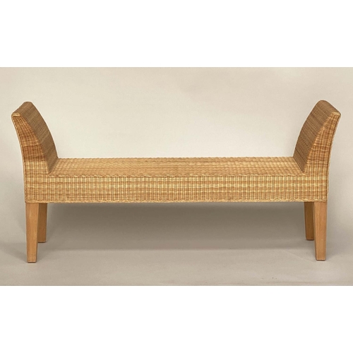 84 - WINDOW SEAT, rectangular cane woven with outswept arms and tapering square section supports, 148cm W... 