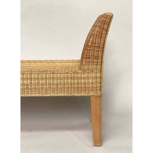 84 - WINDOW SEAT, rectangular cane woven with outswept arms and tapering square section supports, 148cm W... 