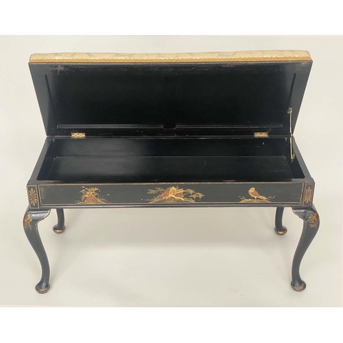 99 - WINDOW SEAT/DUET STOOL, early 20th century lacquered and gilt Chinoiserie decorated with brocade uph... 