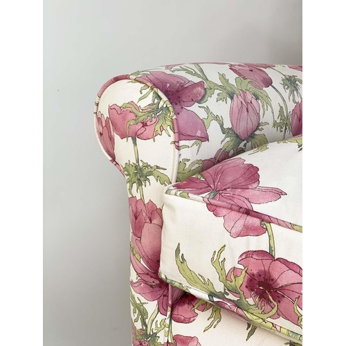 109 - ARMCHAIR, country house style trailing floral print upholstered with scroll back and arms and walnut... 