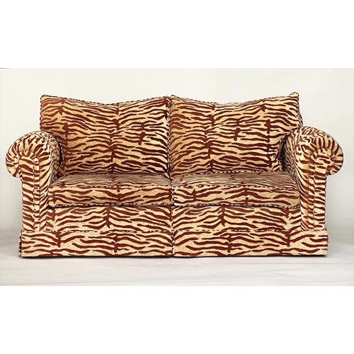 127 - SOFA, Howard style terracotta patterned chenille velvet with feather filled seat and back cushions, ... 