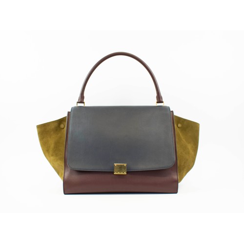 8 - CÉLINE LARGE TRAPEZE TRICOLOUR BAG, leather with suede sides and leather lining, gold tone hardware,... 