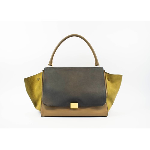 46 - CÉLINE LARGE TRAPEZE TRICOLOUR BAG, leather with suede sides and leather lining, gold tone hardware,... 