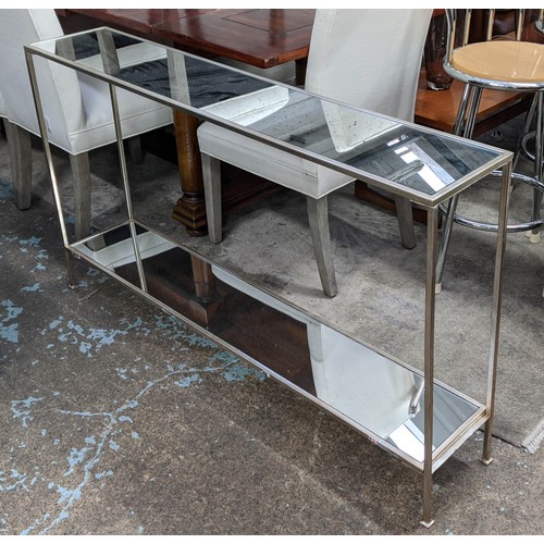 503 - CONSOLE TABLES, a pair, 137cm x 26cm x 80cm, silvered metal, antiqued mirrored tops and undertiers. ... 