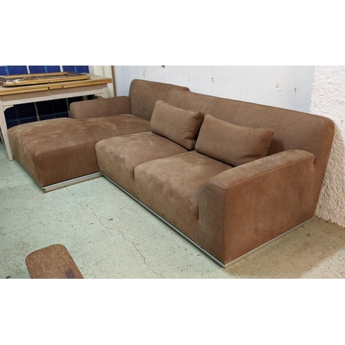 499 - CORNER SOFA, 285cm x 165cm x 75cm, contemporary design, tan leather finish.