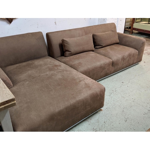 499 - CORNER SOFA, 285cm x 165cm x 75cm, contemporary design, tan leather finish.