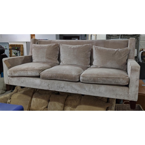 497 - SOFA, feather filled design, umber velvet upholstered, 230cm W.