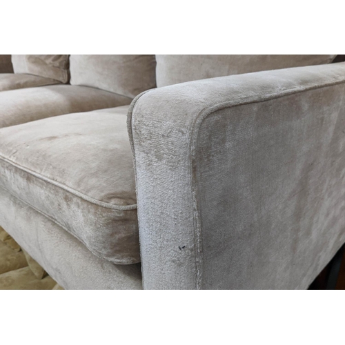 497 - SOFA, feather filled design, umber velvet upholstered, 230cm W.