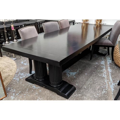 496 - DINING TABLE, ebonised finish, double  pedestal base with twin column detail, 270cm x 110cm x 77cm.