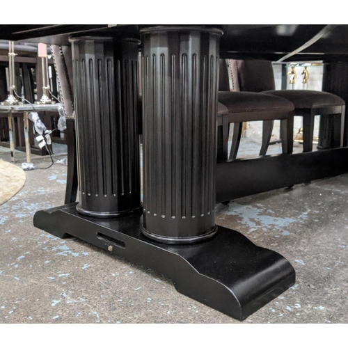 496 - DINING TABLE, ebonised finish, double  pedestal base with twin column detail, 270cm x 110cm x 77cm.