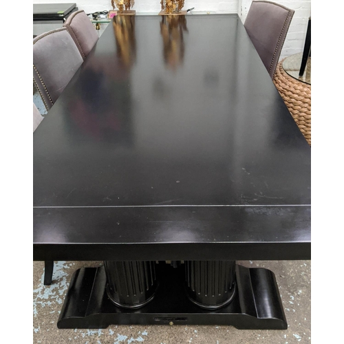 496 - DINING TABLE, ebonised finish, double  pedestal base with twin column detail, 270cm x 110cm x 77cm.