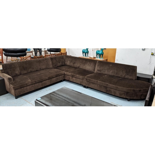 495 - CHESTER JONES CORNER SOFA, brown stripped fabric finish, 287cm x 384cm.