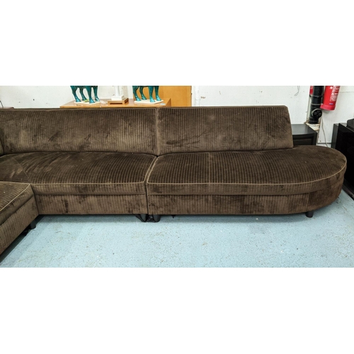 495 - CHESTER JONES CORNER SOFA, brown stripped fabric finish, 287cm x 384cm.