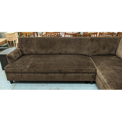 495 - CHESTER JONES CORNER SOFA, brown stripped fabric finish, 287cm x 384cm.