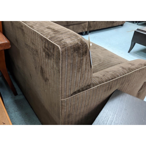 495 - CHESTER JONES CORNER SOFA, brown stripped fabric finish, 287cm x 384cm.