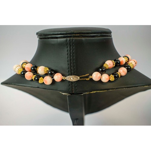 8 - CORAL NECKLACE, with diamond style decoration and clasp closure together with another vintage neckla... 