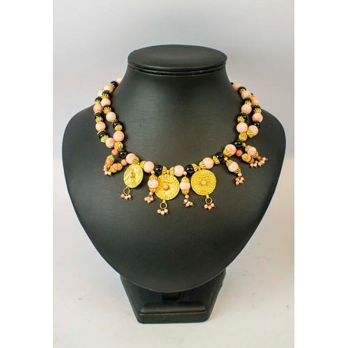 8 - CORAL NECKLACE, with diamond style decoration and clasp closure together with another vintage neckla... 