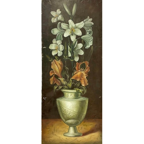 56 - 17th CENTURY MANNER, Flowers in Classical Vases, oil on canvas, 200cm x 80cm each. (2)