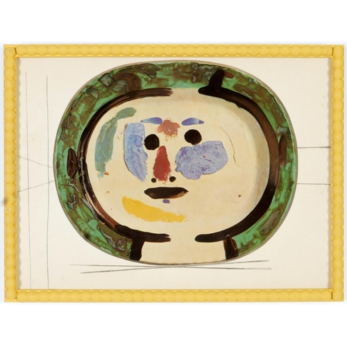 53 - AFTER PABLO PICASSO, quadrichromes, six studies of ceramic plates, hand painted yellow bobbin frames... 