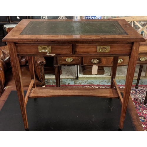 122 - WRITING TABLE, 76cm W x 70cm H x 41cm D, Edwardian rosewood with inlaid stringing and brass campaign... 