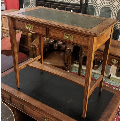 122 - WRITING TABLE, 76cm W x 70cm H x 41cm D, Edwardian rosewood with inlaid stringing and brass campaign... 