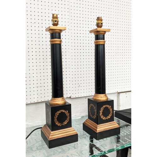 126 - TABLE LAMPS, a pair, each approx 50cm black and gilt with classical wreath motif. (2)