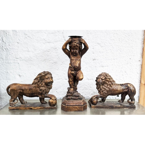 3 - PUTTI CANDLESTICK AND  A PAIR OF LIONS. (3)