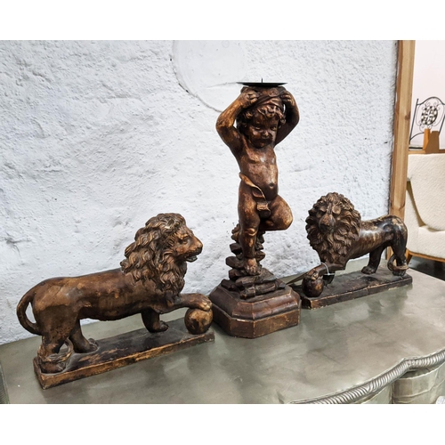 3 - PUTTI CANDLESTICK AND  A PAIR OF LIONS. (3)