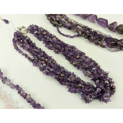 5 - A COLLECTION OF GEMSTONE JEWELLERY, comprising amethyst six-strand chip necklace, an amethyst and ro... 