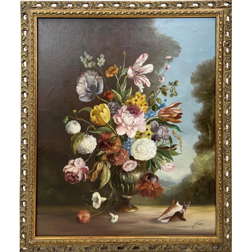 57 - 18TH CENTURY DUTCH, manner 'Still Life of Roses and Shell', oil on canvas, signed lower right, 62cm ... 