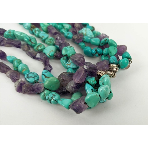6 - TWO FIVE STRAND TURQUOISE BEAD AND AMETHYST CHIP NECKLACES, each fitted with silver ring clasps, lin... 