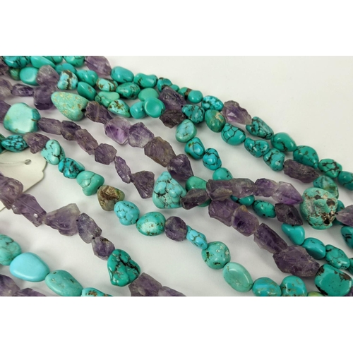 6 - TWO FIVE STRAND TURQUOISE BEAD AND AMETHYST CHIP NECKLACES, each fitted with silver ring clasps, lin... 