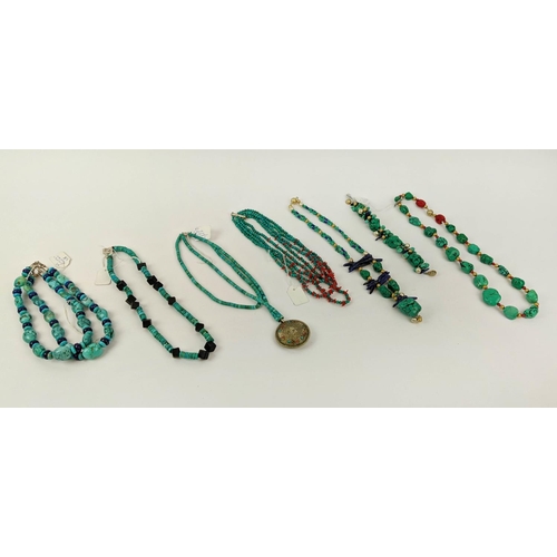 7 - A COLLECTION OF TURQUOISE JEWELLERY, comprising a turquoise nugget and lapis lazuli shard necklace a... 